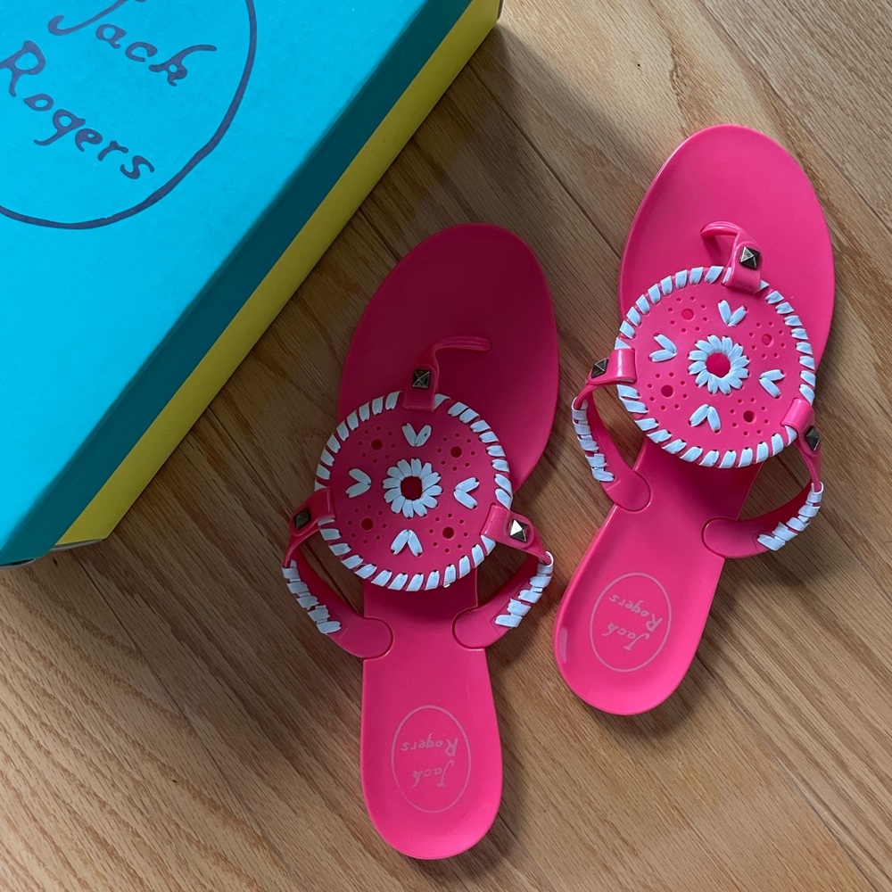 Jack Rogers Georgica Jelly Sandals in Bright Pink & White (Size 9)